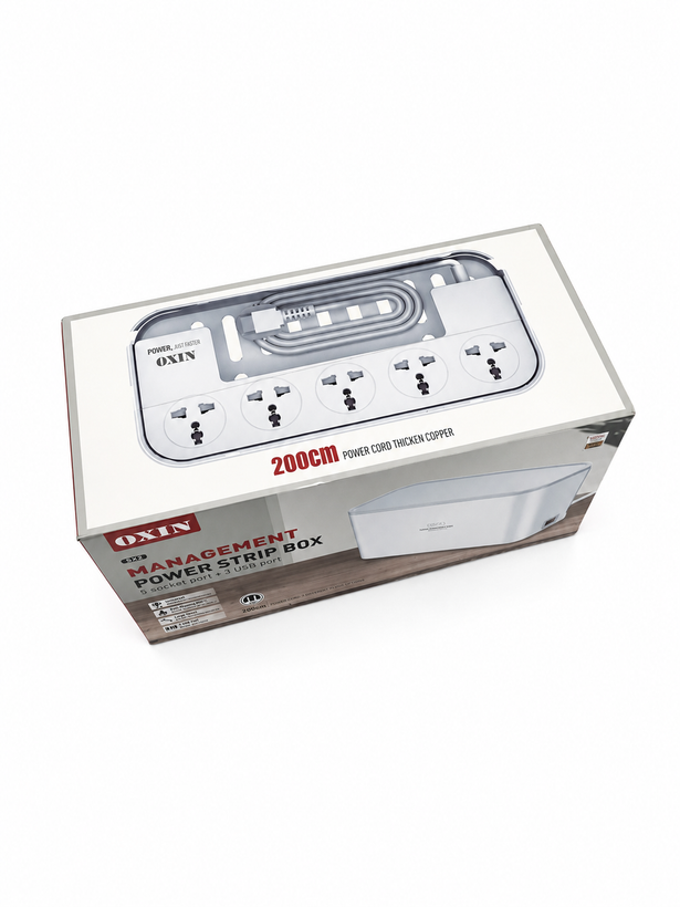 محافظ برق OXIN SX2 | ۵ پورت + ۳ USB | مدیریت کابل + ضد شعله ۸۵۰ درجه